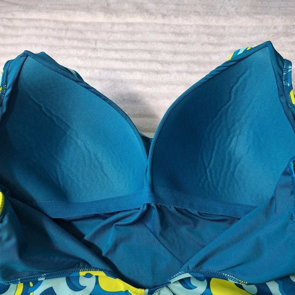 PSYCHEDELIC One Piece Swimsuit Womens 8‎ Teal Yellow Retro Abstract Padded Bra